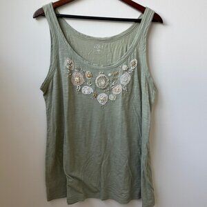 LOFT Olive Green Tank Top With Beads & Embellishments Size XL